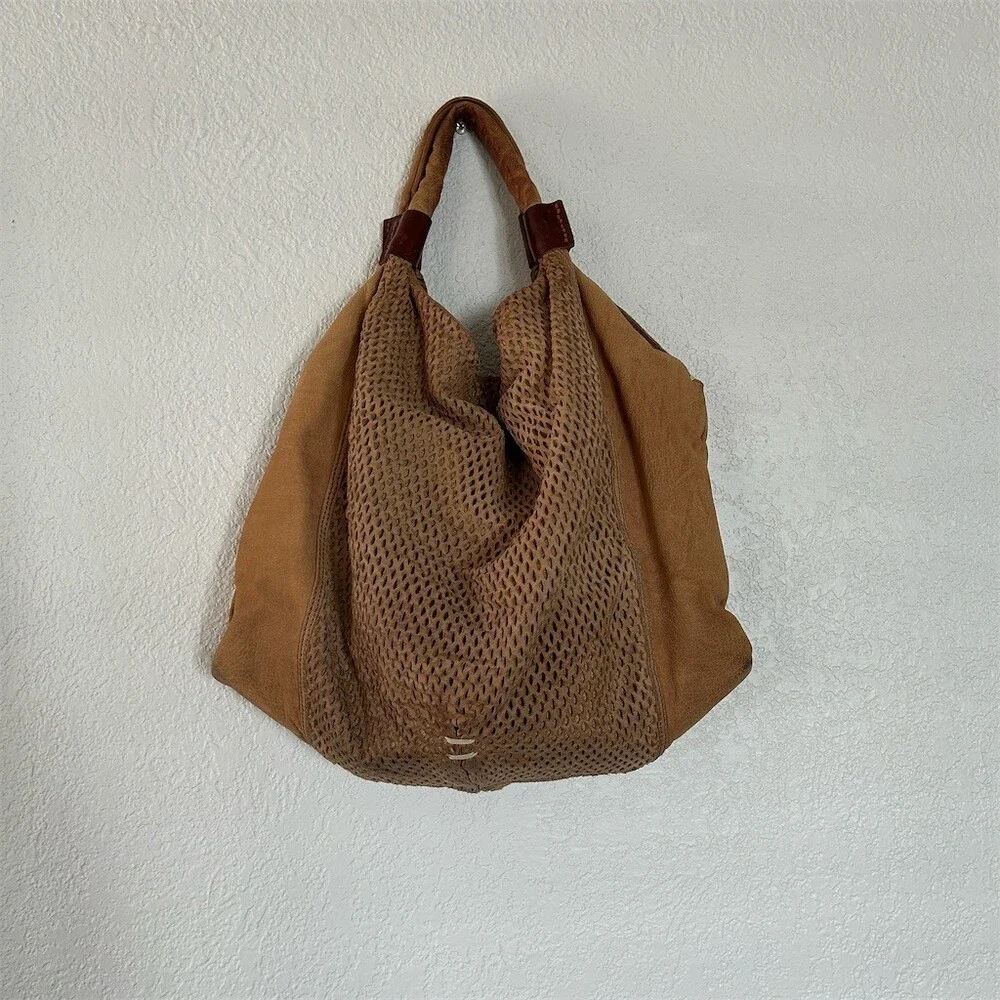 49 Square Miles Nubuck Leather Slouchy Hobo Shoulder Bag Perforated Tan Tote - Picture 8 of 14